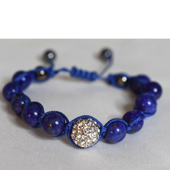 NWOT Shamballa Blue Lapis Beads/Pave Crystal Ball Adjustable 5"-8" Cord Bracelet - Picture 2 of 4